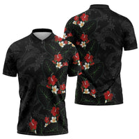 Hawaiian Taro Leaves-Hibiscus and Plumeria Zipper Polo Shirt Floral Tribal Tattoo Motif LT03 - Polynesian Pride