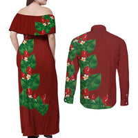 Hawaiian Taro Leaves-Hibiscus and Plumeria Couples Matching Off Shoulder Maxi Dress and Long Sleeve Button Shirt Polynesian Art-Kakau Tattoo Red LT03 - Polynesian Pride