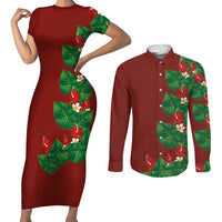 Hawaiian Taro Leaves-Hibiscus and Plumeria Couples Matching Short Sleeve Bodycon Dress and Long Sleeve Button Shirt Polynesian Art-Kakau Tattoo Red LT03 Red - Polynesian Pride