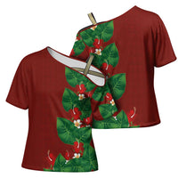 Hawaiian Taro Leaves-Hibiscus and Plumeria Cross Shoulder Shirt Polynesian Art-Kakau Tattoo Red LT03 - Polynesian Pride
