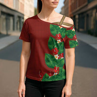 Hawaiian Taro Leaves-Hibiscus and Plumeria Cross Shoulder Shirt Polynesian Art-Kakau Tattoo Red LT03 - Polynesian Pride