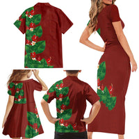Hawaiian Taro Leaves-Hibiscus and Plumeria Family Matching Short Sleeve Bodycon Dress and Hawaiian Shirt Polynesian Art-Kakau Tattoo Red LT03 - Polynesian Pride