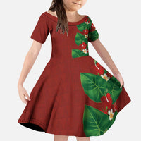 Hawaiian Taro Leaves-Hibiscus and Plumeria Kid Short Sleeve Dress Polynesian Art-Kakau Tattoo Red LT03 KID Red - Polynesian Pride