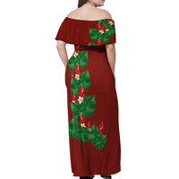 Hawaiian Taro Leaves-Hibiscus and Plumeria Off Shoulder Maxi Dress Polynesian Art-Kakau Tattoo Red LT03 - Polynesian Pride