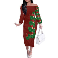Hawaiian Taro Leaves-Hibiscus and Plumeria Off The Shoulder Long Sleeve Dress Polynesian Art-Kakau Tattoo Red LT03 Women Red - Polynesian Pride