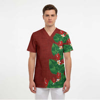Hawaiian Taro Leaves-Hibiscus and Plumeria Scrub Top Polynesian Art-Kakau Tattoo Red LT03 - Polynesian Pride