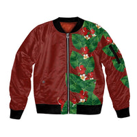 Hawaiian Taro Leaves-Hibiscus and Plumeria Sleeve Zip Bomber Jacket Polynesian Art-Kakau Tattoo Red LT03 Unisex Red - Polynesian Pride
