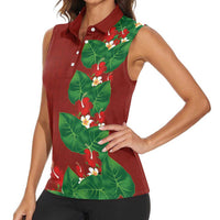 Hawaiian Taro Leaves-Hibiscus and Plumeria Women Sleeveless Polo Shirt Polynesian Art-Kakau Tattoo Red LT03 - Polynesian Pride