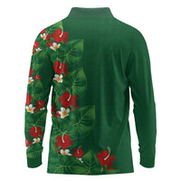 Hawaiian Taro Leaves-Hibiscus and Plumeria Long Sleeve Polo Shirt Polynesian Art-Kakau Tattoo Green LT03 - Polynesian Pride