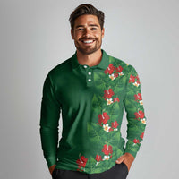 Hawaiian Taro Leaves-Hibiscus and Plumeria Long Sleeve Polo Shirt Polynesian Art-Kakau Tattoo Green LT03 - Polynesian Pride