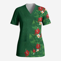 Hawaiian Taro Leaves-Hibiscus and Plumeria Scrub Top Polynesian Art-Kakau Tattoo Green LT03 Adult Green - Polynesian Pride
