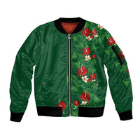 Hawaiian Taro Leaves-Hibiscus and Plumeria Sleeve Zip Bomber Jacket Polynesian Art-Kakau Tattoo Green LT03 Unisex Green - Polynesian Pride