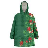 Hawaiian Taro Leaves-Hibiscus and Plumeria Wearable Blanket Hoodie Polynesian Art-Kakau Tattoo Green LT03 One Size Green - Polynesian Pride