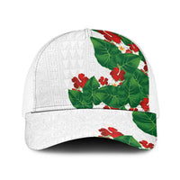 Hawaiian Taro Leaves-Hibiscus and Plumeria Baseball Net Cap Polynesian Art-Kakau Tattoo White LT03 One Size White White - Polynesian Pride