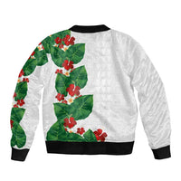 Hawaiian Taro Leaves-Hibiscus and Plumeria Bomber Jacket Polynesian Art-Kakau Tattoo White