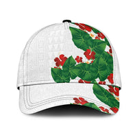 Hawaiian Taro Leaves-Hibiscus and Plumeria Classic Cap Polynesian Art-Kakau Tattoo White LT03 Universal Fit White - Polynesian Pride
