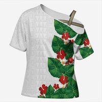 Hawaiian Taro Leaves-Hibiscus and Plumeria Cross Shoulder Shirt Polynesian Art-Kakau Tattoo White LT03 Female White - Polynesian Pride