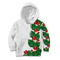Hawaiian Taro Leaves-Hibiscus and Plumeria Kid Hoodie Polynesian Art-Kakau Tattoo White LT03 Hoodie White - Polynesian Pride