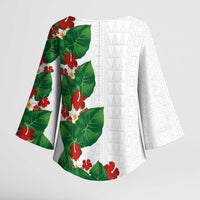 Hawaiian Taro Leaves-Hibiscus and Plumeria Kimono Sleeve Blouse Polynesian Art-Kakau Tattoo White LT03 - Polynesian Pride