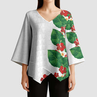 Hawaiian Taro Leaves-Hibiscus and Plumeria Kimono Sleeve Blouse Polynesian Art-Kakau Tattoo White LT03 - Polynesian Pride