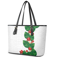 Hawaiian Taro Leaves-Hibiscus and Plumeria Leather Tote Bag Polynesian Art-Kakau Tattoo White LT03 - Polynesian Pride