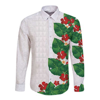 Hawaiian Taro Leaves-Hibiscus and Plumeria Long Sleeve Button Shirt Polynesian Art-Kakau Tattoo White LT03 Unisex White - Polynesian Pride