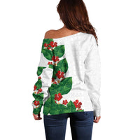 Hawaiian Taro Leaves-Hibiscus and Plumeria Off Shoulder Sweater Polynesian Art-Kakau Tattoo White LT03 - Polynesian Pride