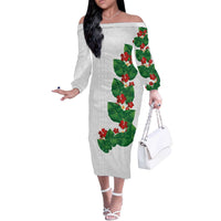 Hawaiian Taro Leaves-Hibiscus and Plumeria Off The Shoulder Long Sleeve Dress Polynesian Art-Kakau Tattoo White LT03 Women White - Polynesian Pride