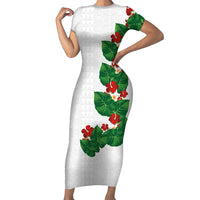 Hawaiian Taro Leaves-Hibiscus and Plumeria Short Sleeve Bodycon Dress Polynesian Art-Kakau Tattoo White LT03 Long Dress White - Polynesian Pride