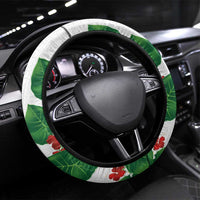 Hawaiian Taro Leaves-Hibiscus and Plumeria Steering Wheel Cover Polynesian Art-Kakau Tattoo White LT03 Universal Fit White - Polynesian Pride