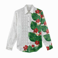 Hawaiian Taro Leaves-Hibiscus and Plumeria Women Casual Shirt Polynesian Art-Kakau Tattoo White LT03 - Polynesian Pride