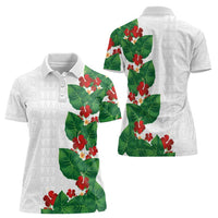 Hawaiian Taro Leaves-Hibiscus and Plumeria Women Polo Shirt Polynesian Art-Kakau Tattoo White LT03 - Polynesian Pride