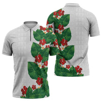 Hawaiian Taro Leaves-Hibiscus and Plumeria Zipper Polo Shirt Polynesian Art-Kakau Tattoo White LT03 - Polynesian Pride