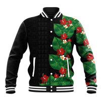Hawaiian Taro Leaves-Hibiscus and Plumeria Baseball Jacket Polynesian Art-Kakau Tattoo Black LT03 Unisex Black - Polynesian Pride