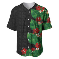 Hawaiian Taro Leaves-Hibiscus and Plumeria Baseball Jersey Polynesian Art-Kakau Tattoo Black LT03 Black - Polynesian Pride