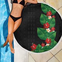 Hawaiian Taro Leaves-Hibiscus and Plumeria Beach Blanket Polynesian Art-Kakau Tattoo Black LT03 - Polynesian Pride