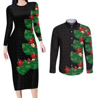Hawaiian Taro Leaves-Hibiscus and Plumeria Couples Matching Long Sleeve Bodycon Dress and Long Sleeve Button Shirt Polynesian Art-Kakau Tattoo Black LT03 Black - Polynesian Pride