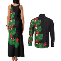 Hawaiian Taro Leaves-Hibiscus and Plumeria Couples Matching Tank Maxi Dress and Long Sleeve Button Shirt Polynesian Art-Kakau Tattoo Black LT03 - Polynesian Pride