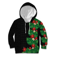 Hawaiian Taro Leaves-Hibiscus and Plumeria Kid Hoodie Polynesian Art-Kakau Tattoo Black LT03 Hoodie Black - Polynesian Pride