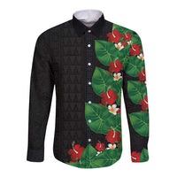 Hawaiian Taro Leaves-Hibiscus and Plumeria Long Sleeve Button Shirt Polynesian Art-Kakau Tattoo Black LT03 Unisex Black - Polynesian Pride