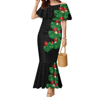 Hawaiian Taro Leaves-Hibiscus and Plumeria Mermaid Dress Polynesian Art-Kakau Tattoo Black LT03 Women Black - Polynesian Pride