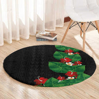 Hawaiian Taro Leaves-Hibiscus and Plumeria Round Carpet Polynesian Art-Kakau Tattoo Black LT03 - Polynesian Pride