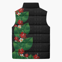Hawaiian Taro Leaves-Hibiscus and Plumeria Sleeveless Puffer Jacket Polynesian Art-Kakau Tattoo Black LT03 - Polynesian Pride