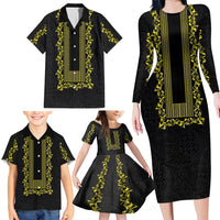 Philippines Polynesian Floral Pattern Family Matching Long Sleeve Bodycon Dress and Hawaiian Shirt With Barong Tagalog Black Style LT03 - Polynesian Pride