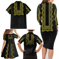 Philippines Polynesian Floral Pattern Family Matching Long Sleeve Bodycon Dress and Hawaiian Shirt With Barong Tagalog Black Style LT03 - Polynesian Pride