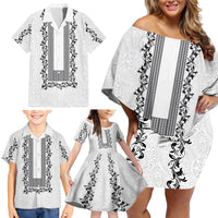 Philippines Polynesian Floral Pattern Family Matching Off Shoulder Short Dress and Hawaiian Shirt With Barong Tagalog White Style LT03 - Polynesian Pride