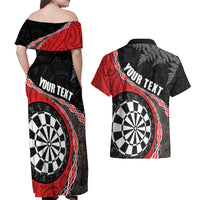 Personalised New Zealand Darts Couples Matching Off Shoulder Maxi Dress and Hawaiian Shirt Koru Tribal Tattoo and Silver Fern Maori Pattern Red Color LT03 - Polynesian Pride