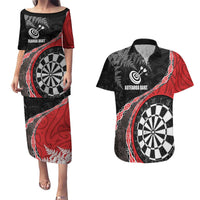 Personalised New Zealand Darts Couples Matching Puletasi and Hawaiian Shirt Koru Tribal Tattoo and Silver Fern Maori Pattern Red Color LT03 Red - Polynesian Pride