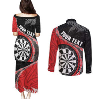 Personalised New Zealand Darts Couples Matching Puletasi and Long Sleeve Button Shirt Koru Tribal Tattoo and Silver Fern Maori Pattern Red Color LT03 - Polynesian Pride