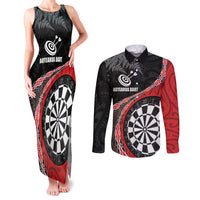 Personalised New Zealand Darts Couples Matching Tank Maxi Dress and Long Sleeve Button Shirt Koru Tribal Tattoo and Silver Fern Maori Pattern Red Color LT03 Red - Polynesian Pride
